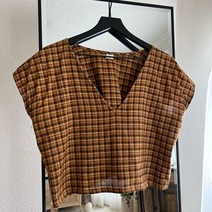 Frond Deep V Plaid Tee Orange Black Yellow S/M